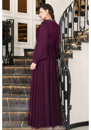 Senna Taş Detaylı Büyük Beden Şık Tesettür Abiye Mürdüm