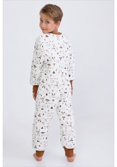 Kız Erkek Çocuk Kalın Elyaf Dolgulu Premium Kalite 2.5 Tog Desenli Uyku Tulumu Kahverengi - Ekru