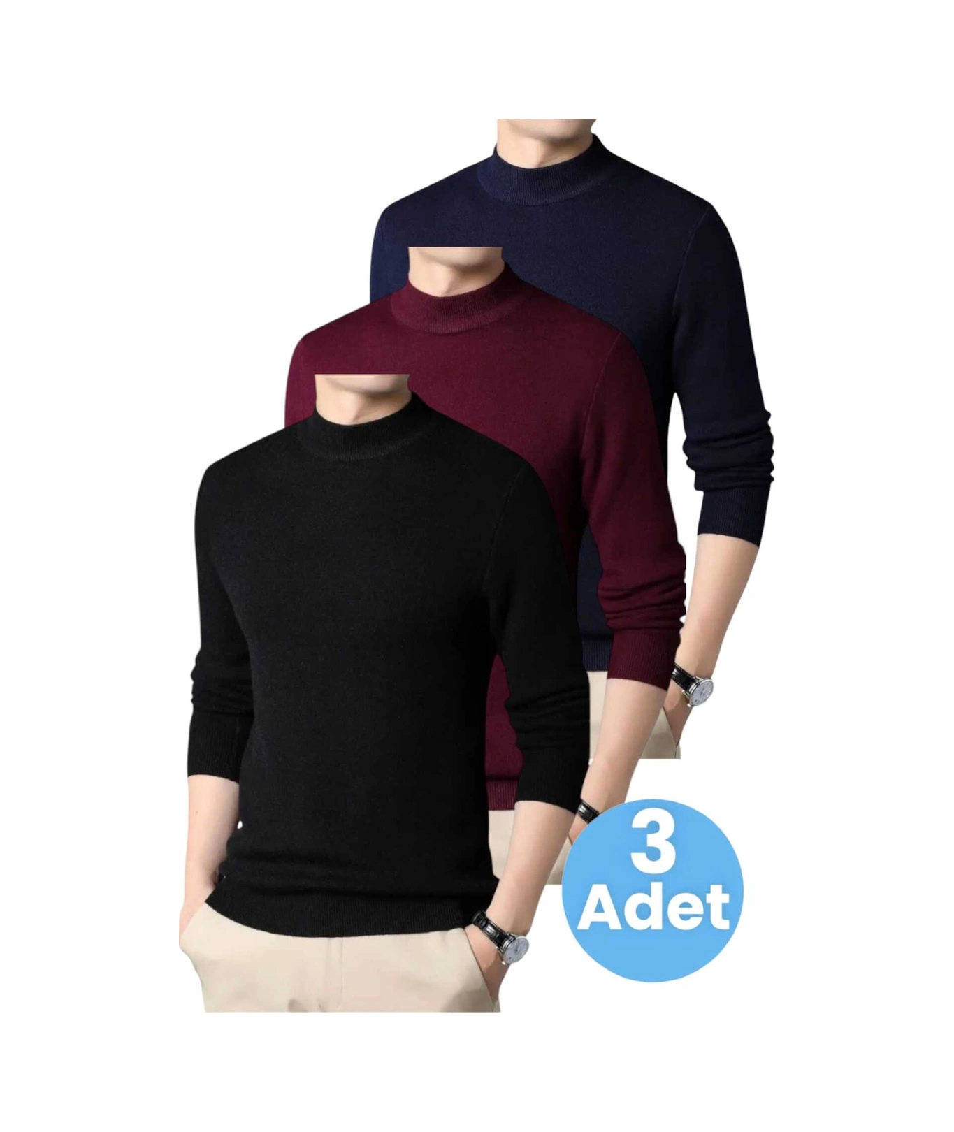 Tezzgelsin 3'lü Erkek Tüylenmeyen Yarım Boğazlı Triko Kazak Yarım Balıkçı Triko Kazak Siyah - Bordo - Lacivert