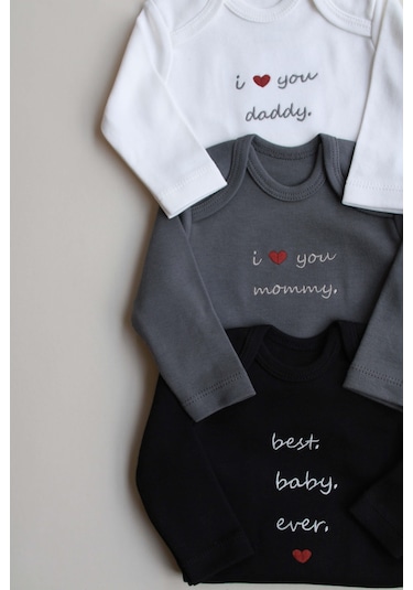 3lü Nakışlı Çıt Çıtlı Uzun Kollu Body Zıbın Set Model 7 Siyah