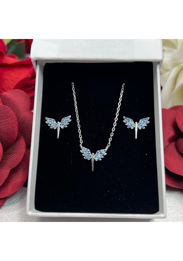 Turkuaz Melek Kanadı Kadın 2'li Seti 925 Ayar Gümüş Rodyumlu Zirkon Taşlı Gümüş