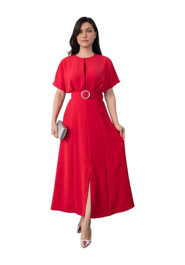 Bisiklet Yaka Pileli Yarasal Kol Kemerli Önden Yırtmaçlı Midi Boy Elbise Kırmızı
