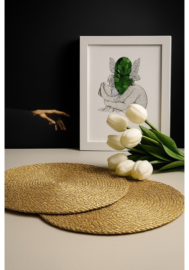 Yunusoğlu Home Hasır Jüt Supla 6'lı Set Amerikan Servis 33 Cm Çap Supla 6'lı Altın