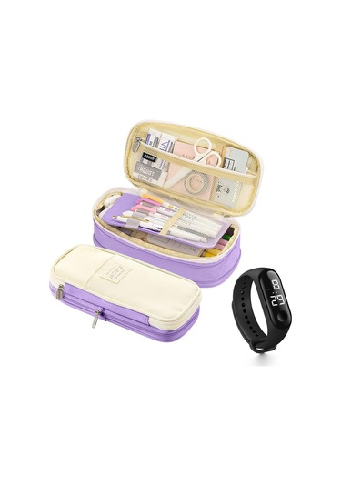 Genişletilebilir Büyük Kapasiteli Okul Kalem Kutusu, Çok Bölmeli Fonksiyonel Kırtasiye Organizer, Mor Renkli Dayanıklı Kalemlik Mor