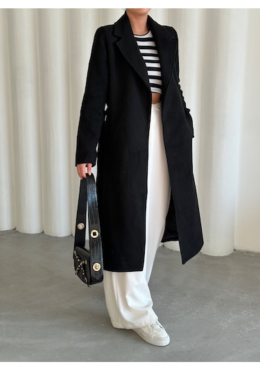 Siyah Kuşaklı İçi Astarlı Kaşe Kaban Siyah