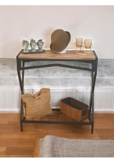 Metal Dresuar Ahşap Raflı Stand Çok Amaçlı Salon Ve Hol Rafı Siyah