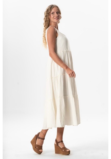 Kolsuz Artemis Oval Yaka Yıldız Baskılı Midi Boy Müslin Yazlık Elbise Kırık Beyaz Krkbyz Kırık Beyaz