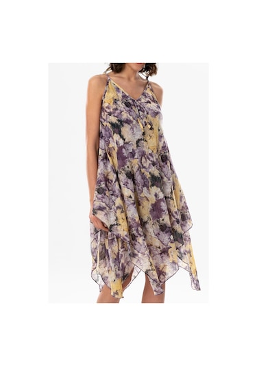 Kadın Askılı Vual Afrodit Midi Boy Yazlık Elbise Batik Mor 6207 Mor