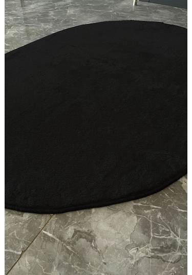 Post Peluş Yumuşak Oval Halı Tüylü Halı Kaymaz Taban Konforlu Dekoratif Yıkanabilir Yolluk Siyah