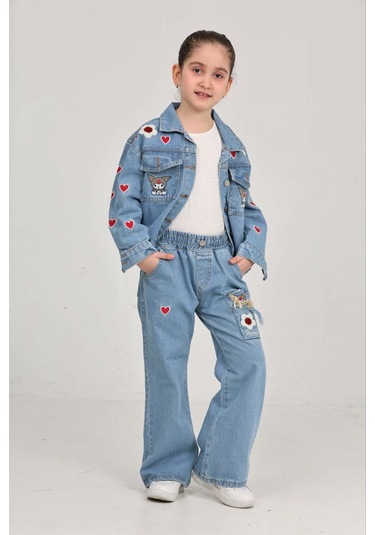 Moonch Kuromi Nakışlı İşlemeli Kız Çocuk Kot Takım-2'li Denim Set Mavi