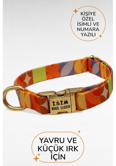 Caramelos İsimli Köpek Tasması, Yavru Köpek Tasması, Küçük Irk Köpek Tasması, Metal Kilit, 1,5 Cm Turuncu