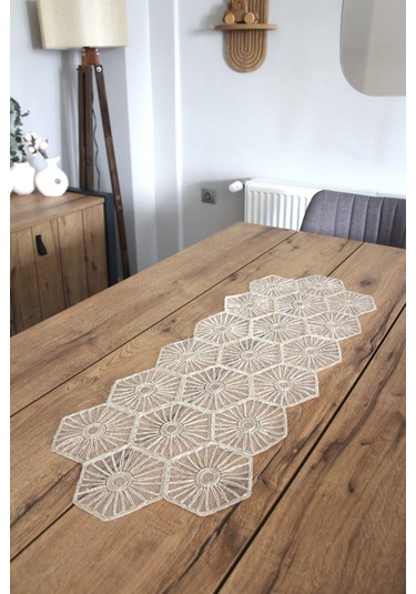 Simli Dantel Kordon Örme Detay Masa Runner Fiskos Örtüsü 100x35 Cm 2004-altıgen 001