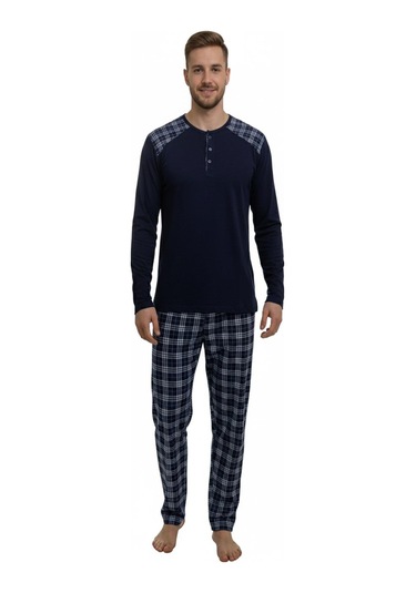 Erkek İnterlok Rahat Kalıp Sıfır Yaka Pamuk Pijama Takımı 6779 Lacivert