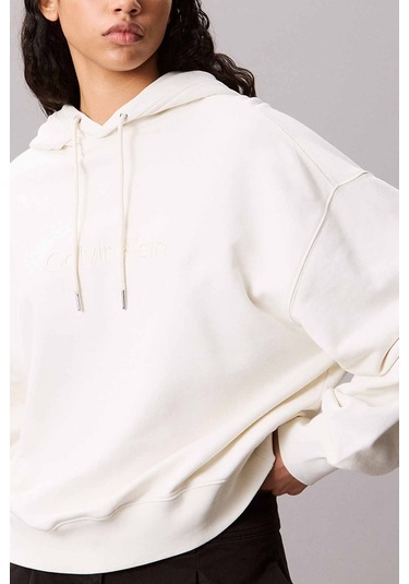 Kadın Kapüşonlu Nakış Logolu Sweatshirt - Ekru Tofu