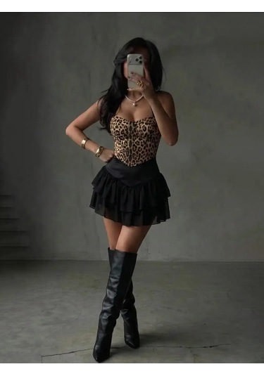 Havens Laos Leopar Tül Detay Elbise Leopar