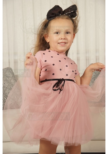 Puantiyeli Kız Çocuk Kısa Kollu Doğum Günü Ve Özel Günler İçin Tüllü Elbise Kısakol-gülkurusu Gülkurusu