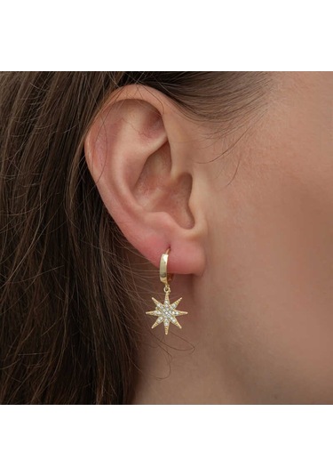 Aya Diamond Gümüş Gold Sallantılı Kutup Yıldızı Kadın Küpe Gold
