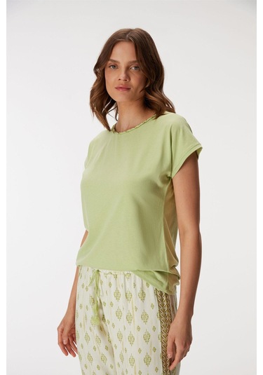 Anıl Kadın Bisiklet Yaka Detaylı Kısa Kollu Pijama Takım Yeşil