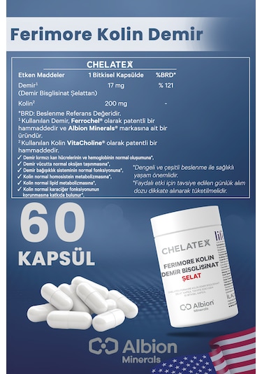 Chelatex Ferimore Kolin Demir Bisglisinat Şelat 60 Bitkisel Kapsü