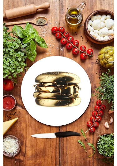 Altın Burger Cam Kesme Tahtası - Sunum Tabağı Çap 20