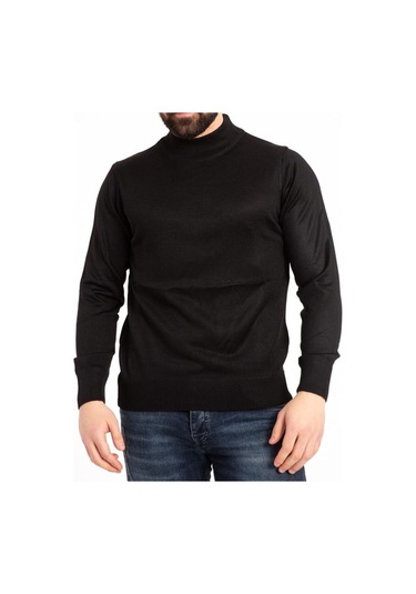 Nacar Store Erkek Ince Yün Yarım Boğazlı Triko Kazak Siyah