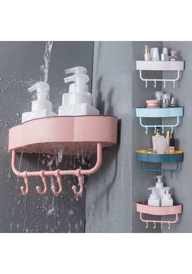 Vkemall Mutfak/banyo Üçgen Duvar Rakusu - Deliksiz Montaj, Su Akışlı Tasarım, 4 Katlanabilir Kanca, Mavi 22.5x11 Cm Koyu Mavi