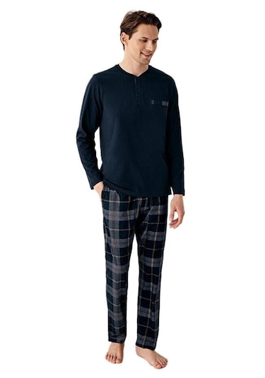 Arnetta %100 Pamuk 3507 Uzun Kol Erkek Pijama Takımı Navy Lacivert