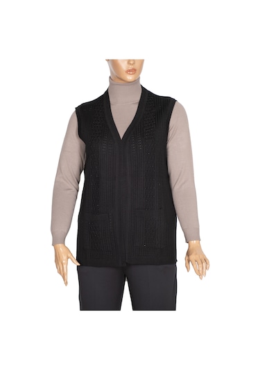 Hesna Kadın Karen Triko Cepli Boncuklu Siyah Yelek Siyah