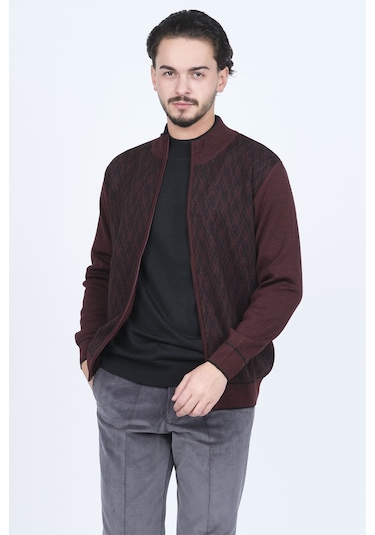 Ateş Triko Erkek Desenli Yün Hırka 6092541 Bordo