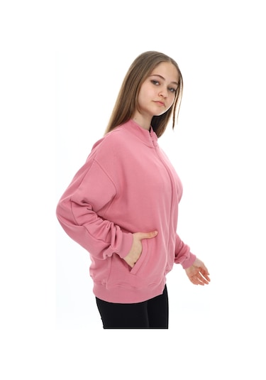 Toontoy Kız Çocuk Dik Yaka Fermuarlı Cepli Düşük Omuz Nakış Baskılı Örme Hırka -3 İplik Şardunsuz Gül Kurusu