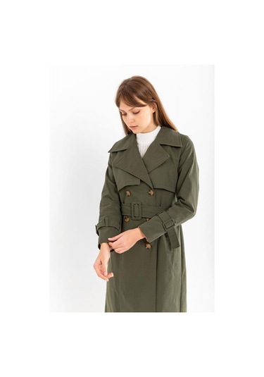Pastelastore %100 Pamuk Gabardin Uzun 110cm Astarlı Kemerli Kadın Trençkot 1111 Haki
