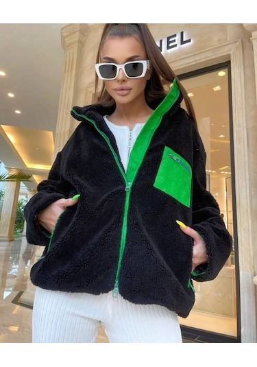 Munn Collection Kadın Uzun Kollu Renkli Cep Ve Fermuar Detay Peluş Mont Siyah