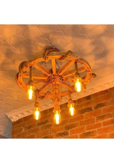 Otantik Çarşı Ahşap Halatlı Teker Avize 70 Cm. 5'Li  K06  Serbest Sarkıtlı