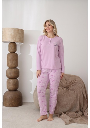 Lindros Kadın Pamuk'lu Düğme Yaka Raporlu İnterlok Kışlık Pijama Takımı 05163 - 1 Adet Gül Kurusu