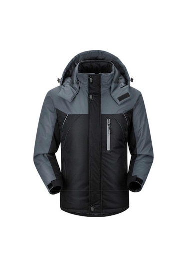 Outdoor Rüzgar Su Geçirmez Kalın Polar Kapüşonlu Mont Siyah