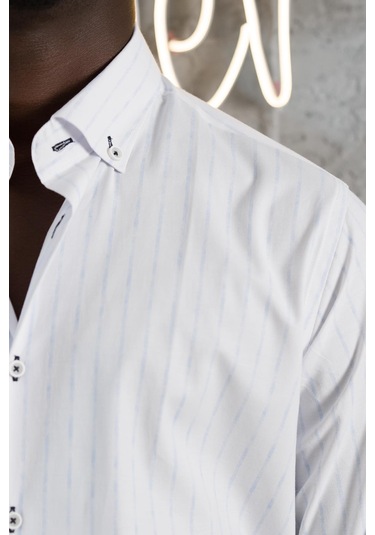 Advante Kalın Çizgili Katlamalı Kol Yaka Düğmeli Slimfit Pamuklu Yazlık Gömlek Mavi