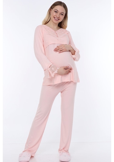 Luvmabelly Myra9512 - Dantelli Düğmeli Flaplı Hamile Pijama Takımı - Pembe-pembe