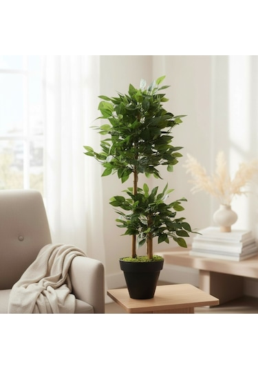 Yapay Çiçek Siyah Saksıda Benjamin Salon Balkon Ev Ağacı Yeşil Bitkisi Bambu Gövdeli Dolgun 105 Cm Yeşil