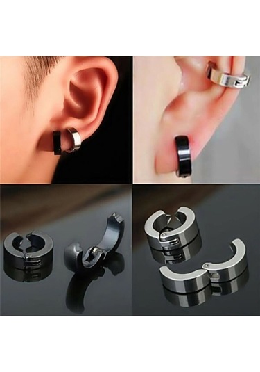 Erkek Küpesi - 1 Adet Çelik Kıstırmalı Küpe Paslanmaz Atmaz Çelik Gümüş Renk Küpe Altın