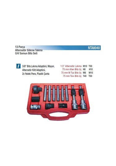 Nt Tools Alternatör Sökme Takma Somun Bits Seti Crv 13 Parça Nta8040
