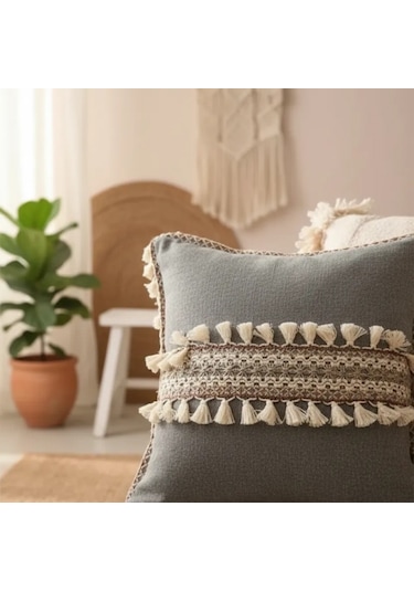 Antrasit Şeritli Ponponlu Kırlent 2 Adet Kırlent Kılıfı 43x43 Gri