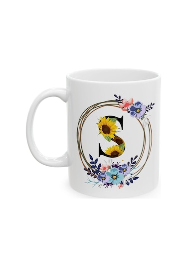 S Harf Baskılı Hediyelik Baskılı Porselen Beyaz Lüks Kupa Bardak Beyaz