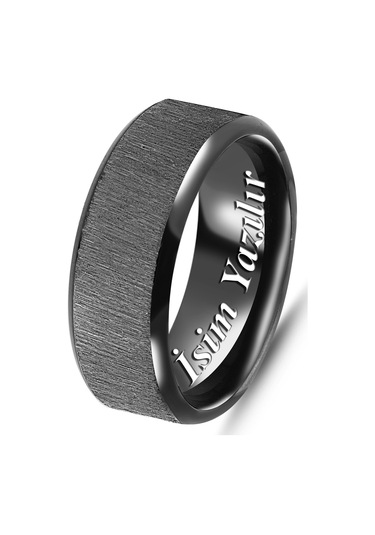 Takı Dükkanı Kişiye Özel İsim Yazılı Köşeli 8mm Mat Fırçalanmış Düz Unisex Çelik Yüzük Alyans Cl48y Siyah