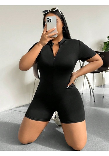 Gülsüm Aydın Kadın Kısa Kollu Önü Fermuarlı Bodycon Dalgıç Tulum Siyah