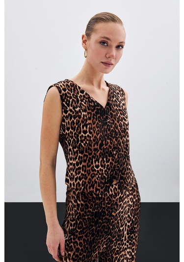 Sateen Kısa Leopar Yelek - Siyah-135502 Siyah