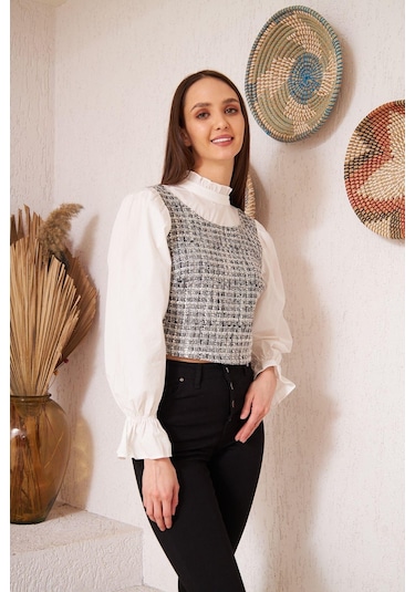 Darlin Moda Gri Tüvit Detaylı Uzun Kollu Bluz Dm9000 Gri