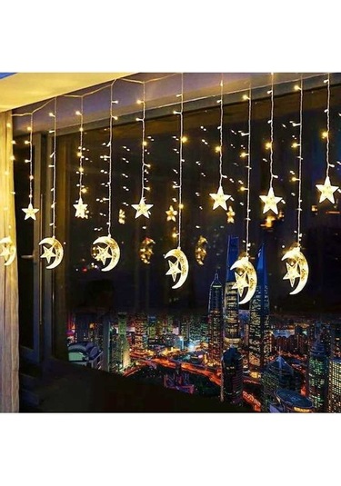 Fastbuy Ramazan Dekorasyonu Led Ay Yıldız Salkımlı Perde, Güneş Işığı Işıltısı Gün Işığı