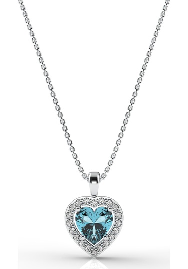 925 Ayar Akuamarin Taşlı Rodyum Pırlanta Görünümlü Kalp Gümüş Kolye Rn10310 Gümüş