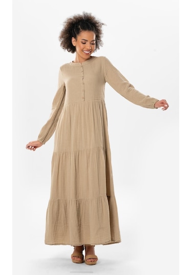 Uzun Kol Akay Uzun Düğme Detay Yazlık Müslin Elbise Vizon Vzn-vizon Vizon