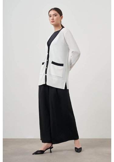 Mizalle Şeritli Rayon Ekru Hırka Ekru